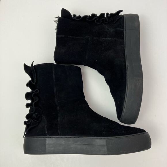 J/Slides Sz 8.5 Ruffle Back Platform Ankle Booties Black Suede Faux-fur Lined - Picture 11 of 16